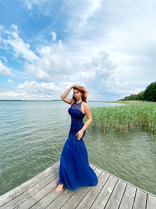 Elegant Mermaid Jewelry Tulle Beaded Sleeveless Floor Dress