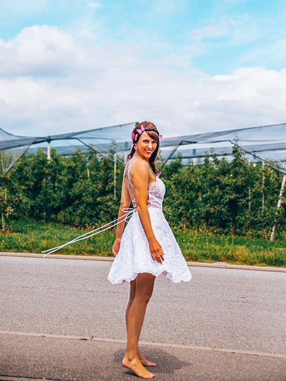 A-line Sweet Princess Lace Applique Italian Noodle Strap Sleeveless Back to School Ball Dress