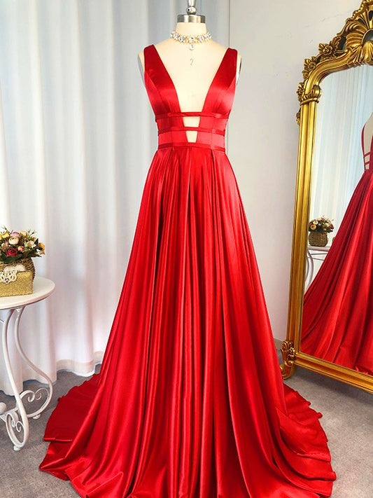 A-line Elegant Princess V-neck Sleeveless Swept Neck Elastic Woven Satin Dress