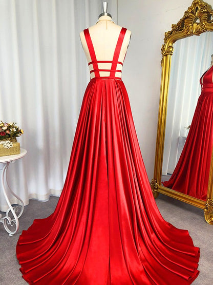 A-line Elegant Princess V-neck Sleeveless Swept Neck Elastic Woven Satin Dress