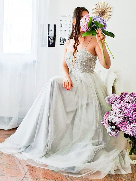 A-line Elegant Princess Sleeveless Italian Noodle Strap Evening Party Dress