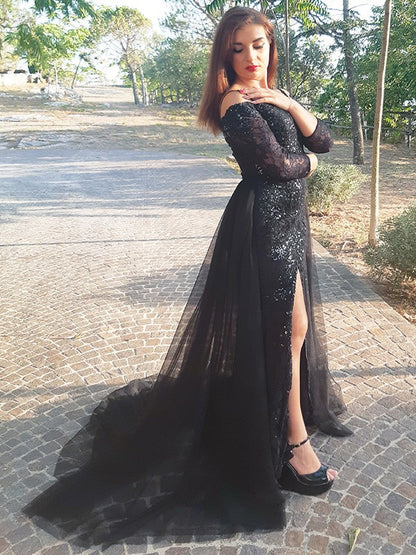 Proposal No Mermaid Long sleeved Off the Shoulder Bra Thin Lace Dress