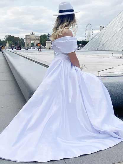 A-line Sweet Princess Strap Sexy Off Shoulder Satin Sleeveless Dress