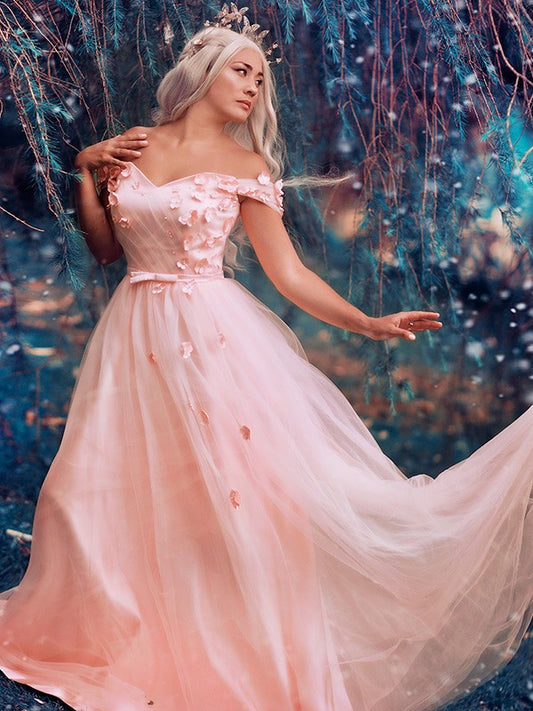 A-line Princess Sexy Off Shoulder Sticker Tulle Sleeveless Floor Dress