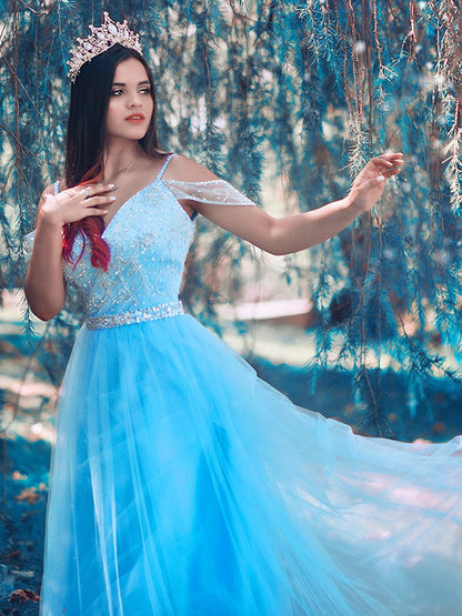 A-line Princess sheer sexy off the shoulder sleeveless floor formal dress