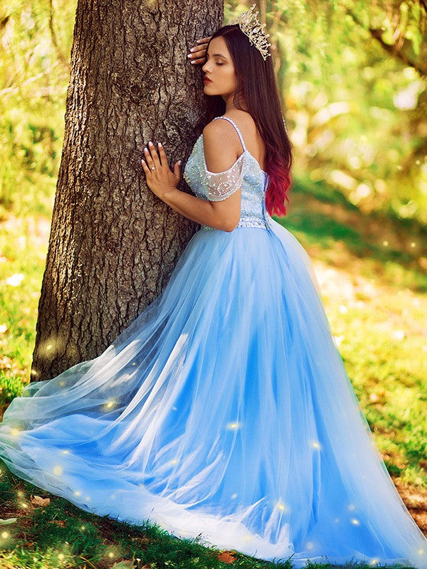 A-line Princess sheer sexy off the shoulder sleeveless floor formal dress
