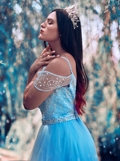 A-line Princess sheer sexy off the shoulder sleeveless floor formal dress