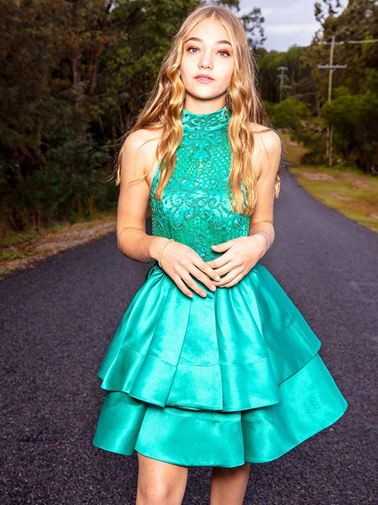 Sweet Princess Satin Sleeveless Beaded Short Back to School Ball Dress
