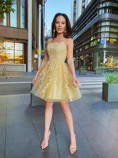 A-line Princess Tulle Fine Shoulder Strap Applique Sleeveless Short Mini Party Homecoming Dress