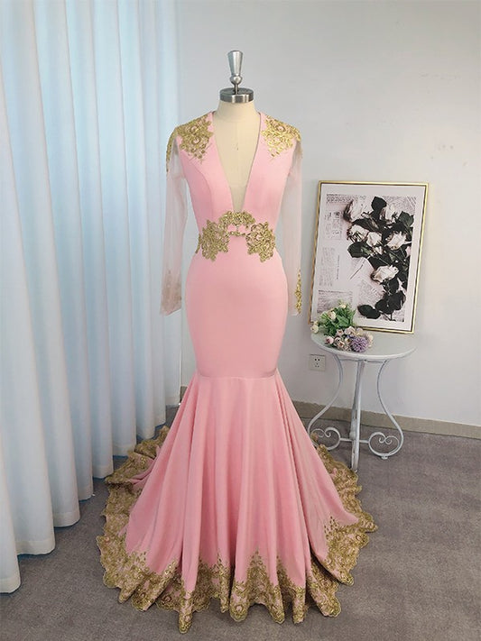 Elegant Mermaid Charm Decal Long sleeved V-neck Sweeping Collar Brush Train Skirt