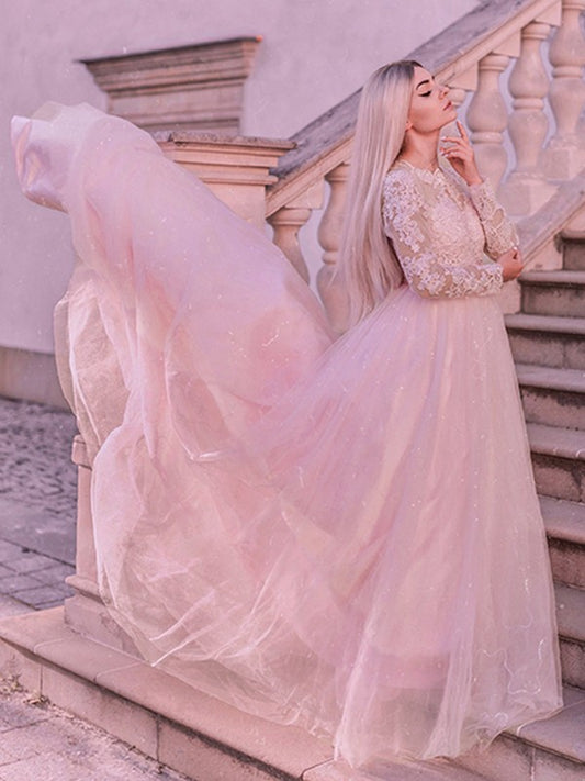 Ball Gown Long sleeved sheer lace jewelry brush dress