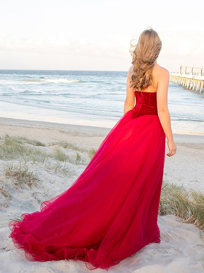 Elegant red sheer sleeveless court party formal ball dress
