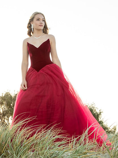 Elegant red sheer sleeveless court party formal ball dress