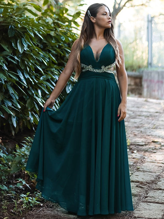 A-line Princess Chiffon Beaded V-neck Sleeveless Floor Dress
