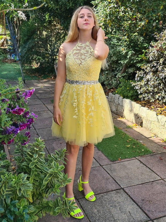 A-line Sleeveless Tulle Applique Mini Party Back to School Prom Dress