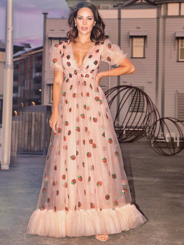 A-line skirt beautiful princess tulle ruffled short sleeved floor dress