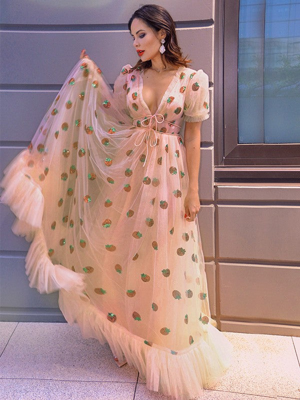 A-line skirt beautiful princess tulle ruffled short sleeved floor dress