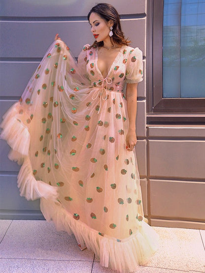 A-line skirt beautiful princess tulle ruffled short sleeved floor dress