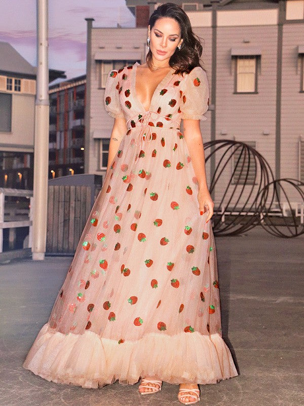 A-line skirt beautiful princess tulle ruffled short sleeved floor dress