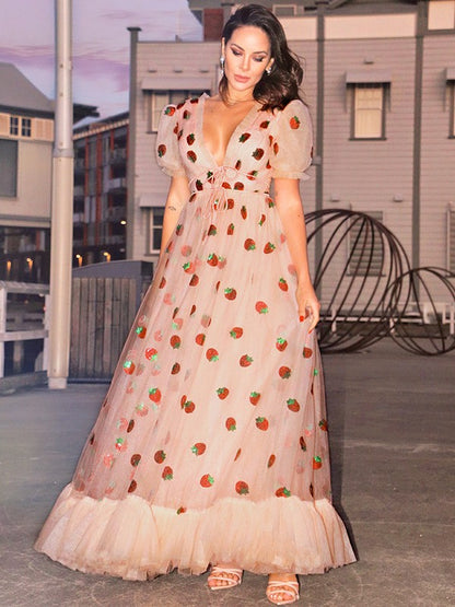 A-line skirt beautiful princess tulle ruffled short sleeved floor dress