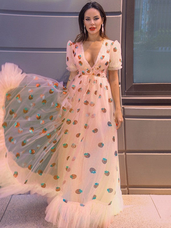 A-line skirt beautiful princess tulle ruffled short sleeved floor dress