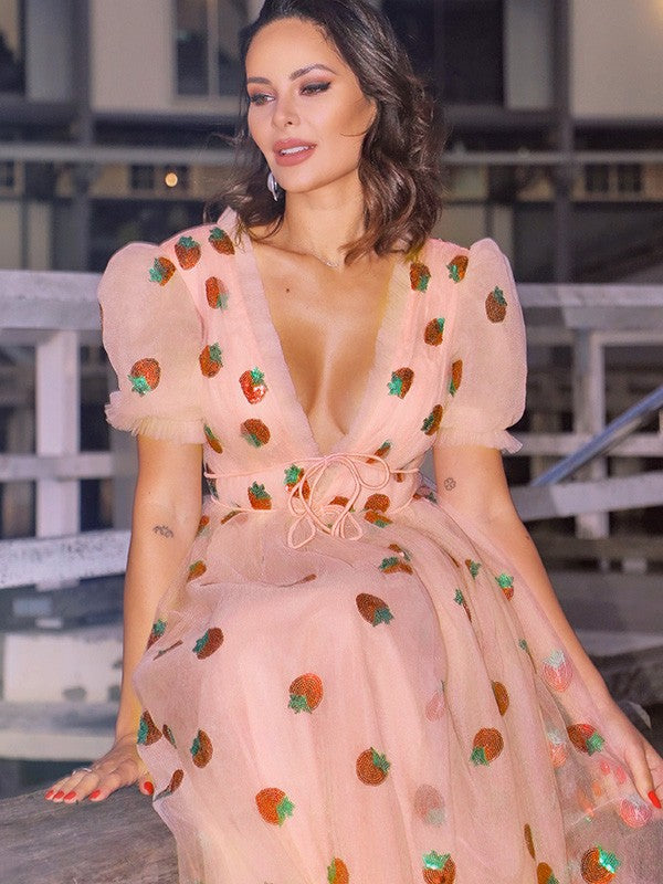 A-line skirt beautiful princess tulle ruffled short sleeved floor dress