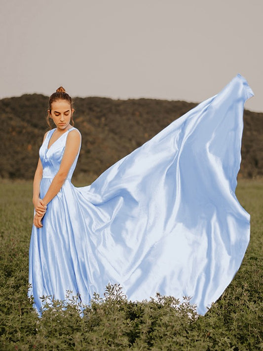 A-line Sweet Princess Ruffle Edge V-neck Sleeveless Satin Evening Dress