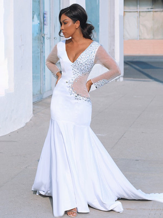 Trumpet mermaid slim fit V-neck long sleeved elastic woven satin beaded court train suit