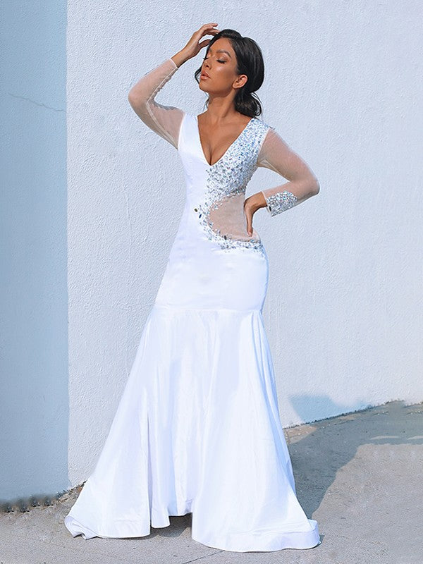 Trumpet mermaid slim fit V-neck long sleeved elastic woven satin beaded court train suit