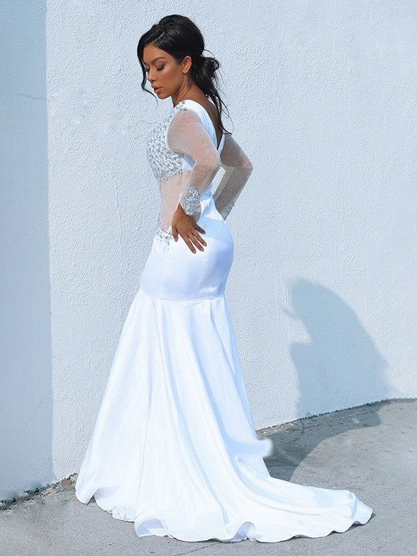 Trumpet mermaid slim fit V-neck long sleeved elastic woven satin beaded court train suit