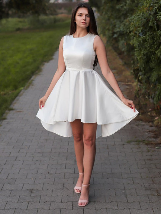 A-line satin ruffled jewelry sleeveless short mini back to school dress