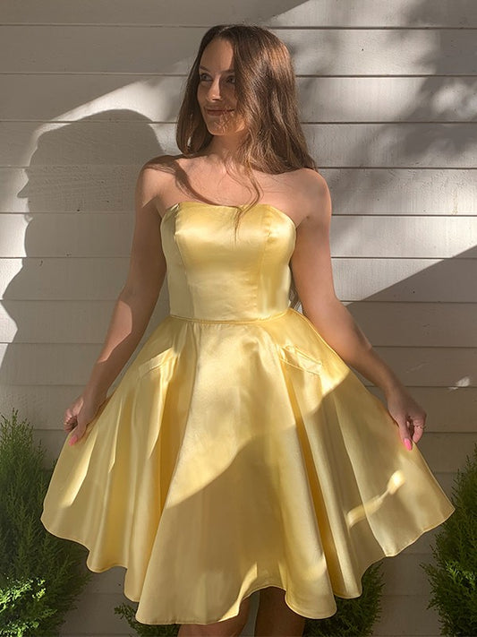 A-line sexy strapless satin ruffle edge sleeveless mini homecoming dance dress