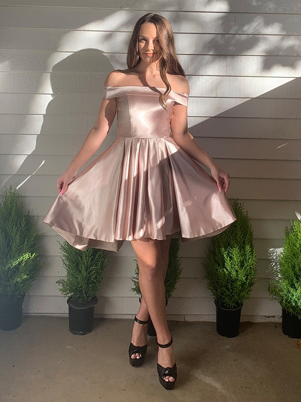A-line Princess Off Shoulder Satin Sleeveless Ruffle Edge Short Mini Party Dress