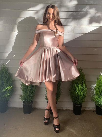 A-line Princess Off Shoulder Satin Sleeveless Ruffle Edge Short Mini Party Dress