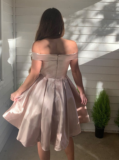 A-line Princess Off Shoulder Satin Sleeveless Ruffle Edge Short Mini Party Dress