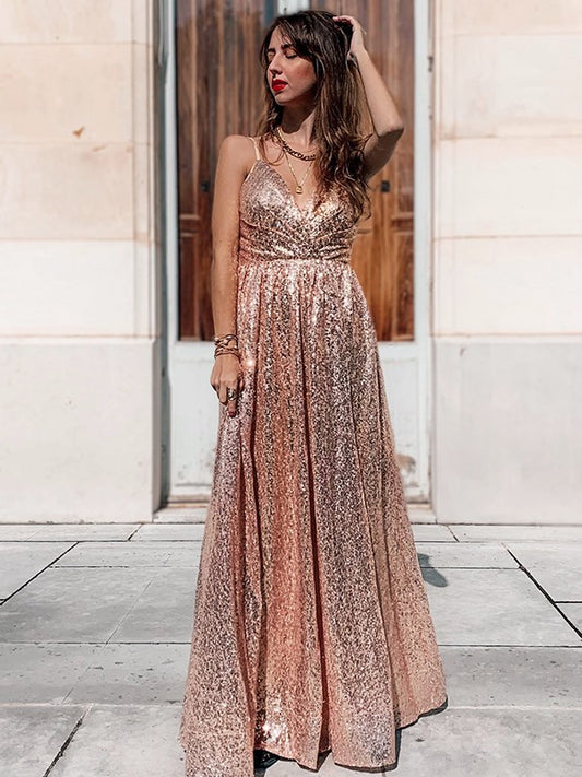 Noble Princess Sequin Italian Noodle Strap Sleeveless Pleated Floor Dress