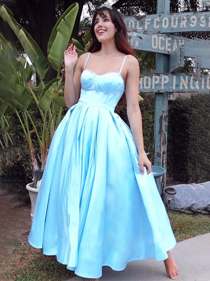 Sexy shoulder strap sleeveless satin ruffled tea long homecoming dance dress