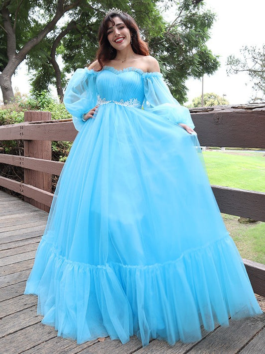 A-line skirt princess sexy off the shoulder sheer inlaid long sleeved floor dress