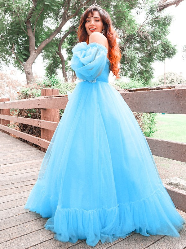 A-line skirt princess sexy off the shoulder sheer inlaid long sleeved floor dress