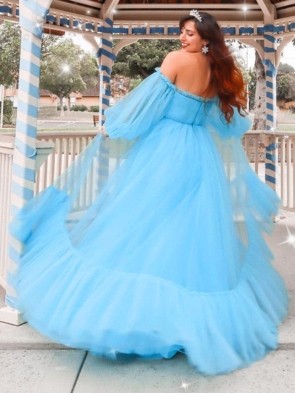 A-line skirt princess sexy off the shoulder sheer inlaid long sleeved floor dress