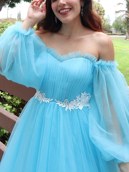 A-line skirt princess sexy off the shoulder sheer inlaid long sleeved floor dress