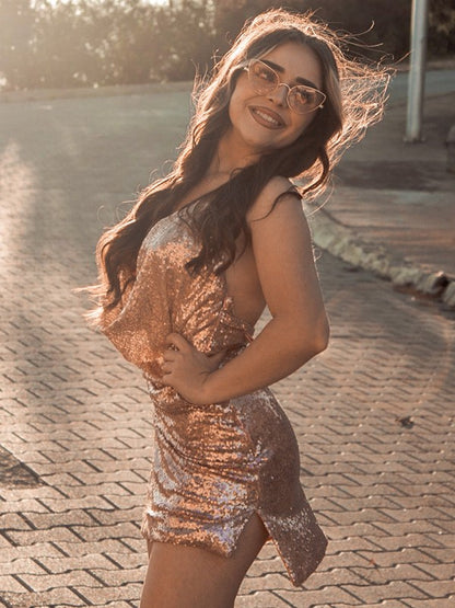 Pillar sequin Halter pleated sleeveless back to school ball dress