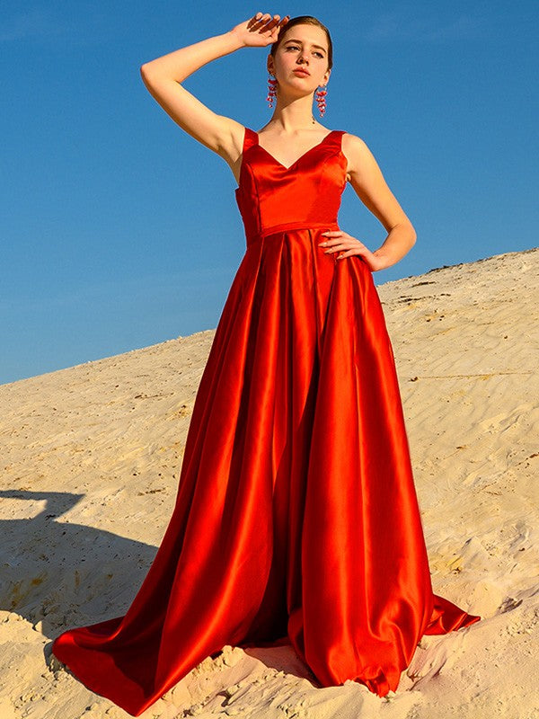 A-line Princess Sleeveless Satin V-neck Ruffle Edge Party and Wine Party Dress