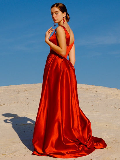 A-line Princess Sleeveless Satin V-neck Ruffle Edge Party and Wine Party Dress