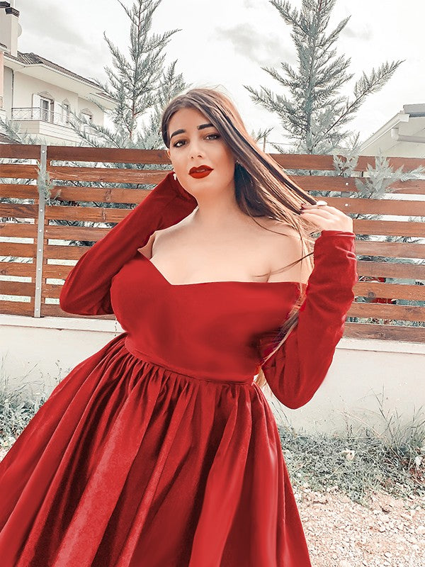 Princess satin V-neck ruffled long sleeved party mini homecoming dance dress