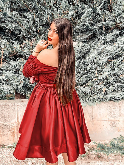 A-line Princess Satin V-neck Ruffle Edge Long Sleeve Short Back to School Party Dress