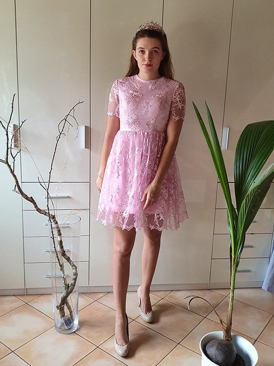 Princess Short sleeved Naked Collar Sticker Party Mini Homecoming Ball Dress