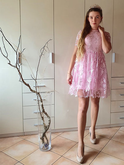 Princess Short sleeved Naked Collar Sticker Party Mini Homecoming Ball Dress