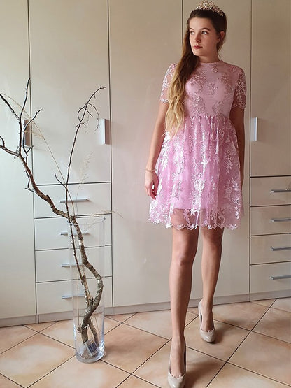 Princess Short sleeved Naked Collar Sticker Party Mini Homecoming Ball Dress
