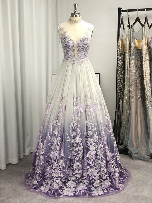 A-line Princess V-neck sheer inlaid sleeveless floor mop formal dress